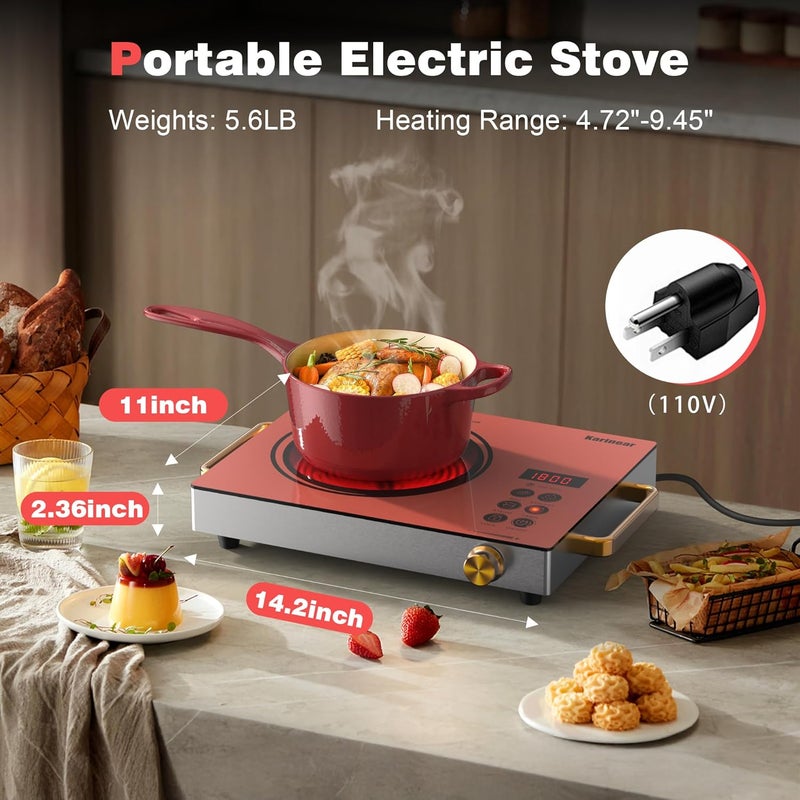 Karinear Portable Electric Stove 110V, 1800W Electric Hot Plate with Handle, Knob Control Single Burner Electri Cooktop, Ceramic Infrared Countertop Burner, Timer, Safety Lock(Pink) - Image 4